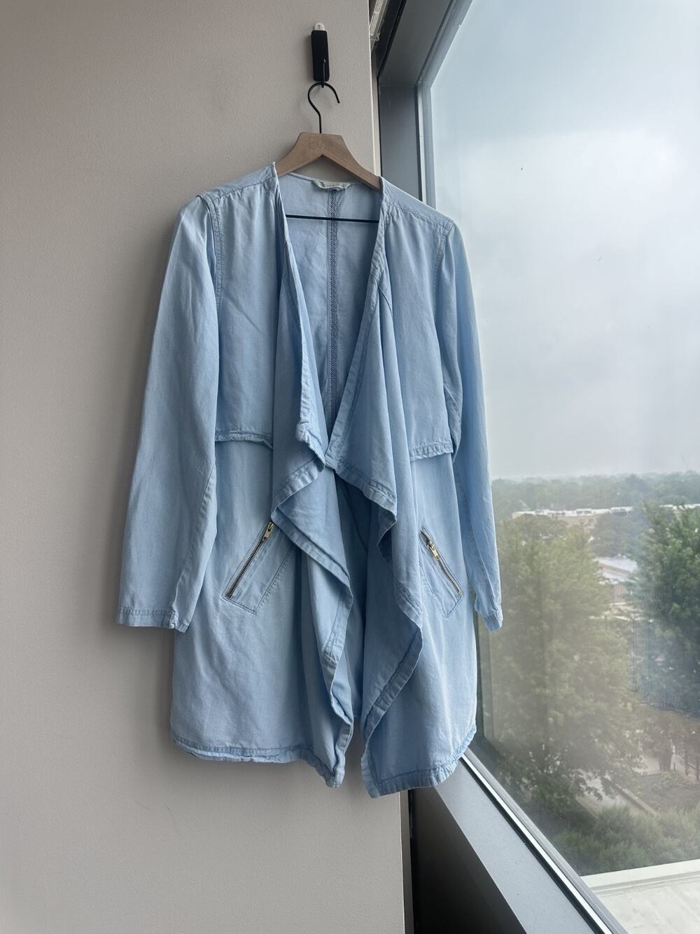 Soft Surroundings Light Blue Draped Open Front Chambray Jacket Boho Relaxed